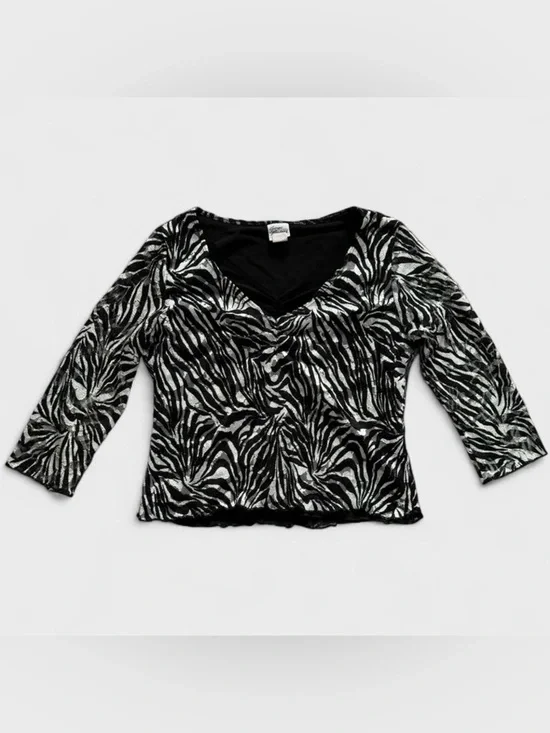 Y2K Giorgio Fiorlini Black & White Zebra Print 3/4 Sleeve Lace V Cut Blouse Top - Picture 3 of 6